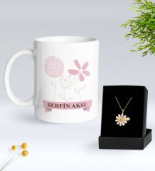 BK Gift Kişiye Özel İsimli Çiçek Tasarımlı Beyaz Kupa ve Papatya Kolye Hediye Seti - 18, Sevgiliye Hediye, Anneye Hediye, Arkadaşa Hediye