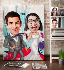 Kişiye Özel Gelin Damat Karikatür Kanvas Tablo (70 x 100 cm.) 6