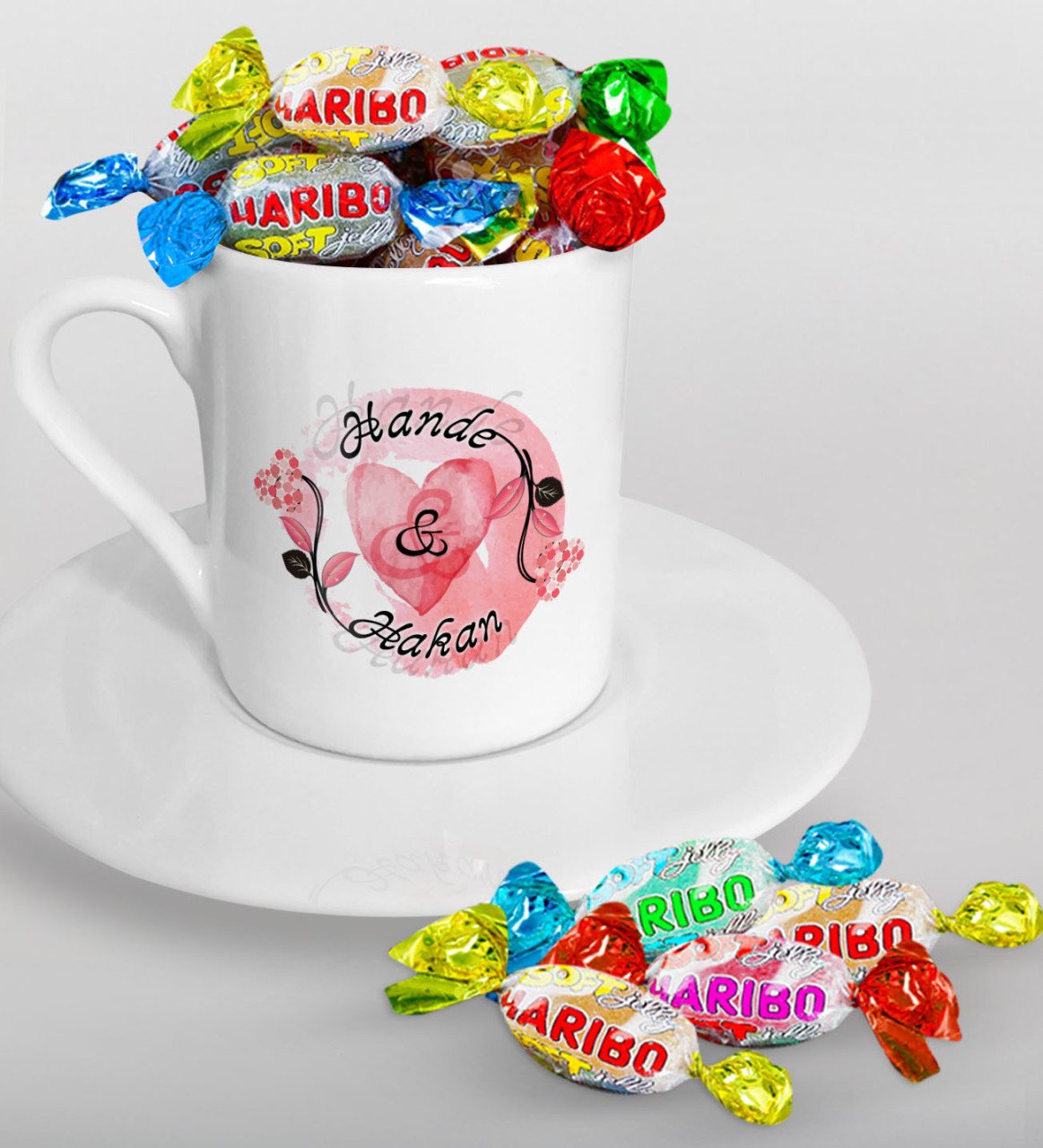 Kişiye Özel Sevgililer Günü Türk Kahvesi Fincanı ve Haribo Şeker Hediye Seti-7