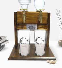 Kişiye Özel Renkli Baskılı Kaligrafi-Atatürk Tasarımlı İkili Rakı Bardağı ve Çift Musluklu Doğal Ahşap Rakı Standı-1