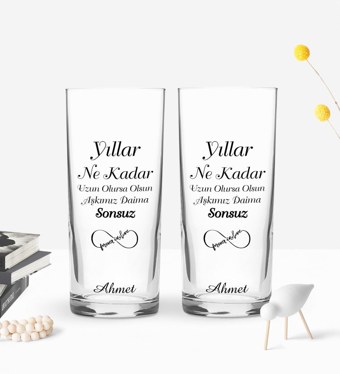 Kişiye Özel Renkli Baskılı Aşkımız Daima Sonsuz Tasarımlı İkili Rakı Bardağı Seti-1