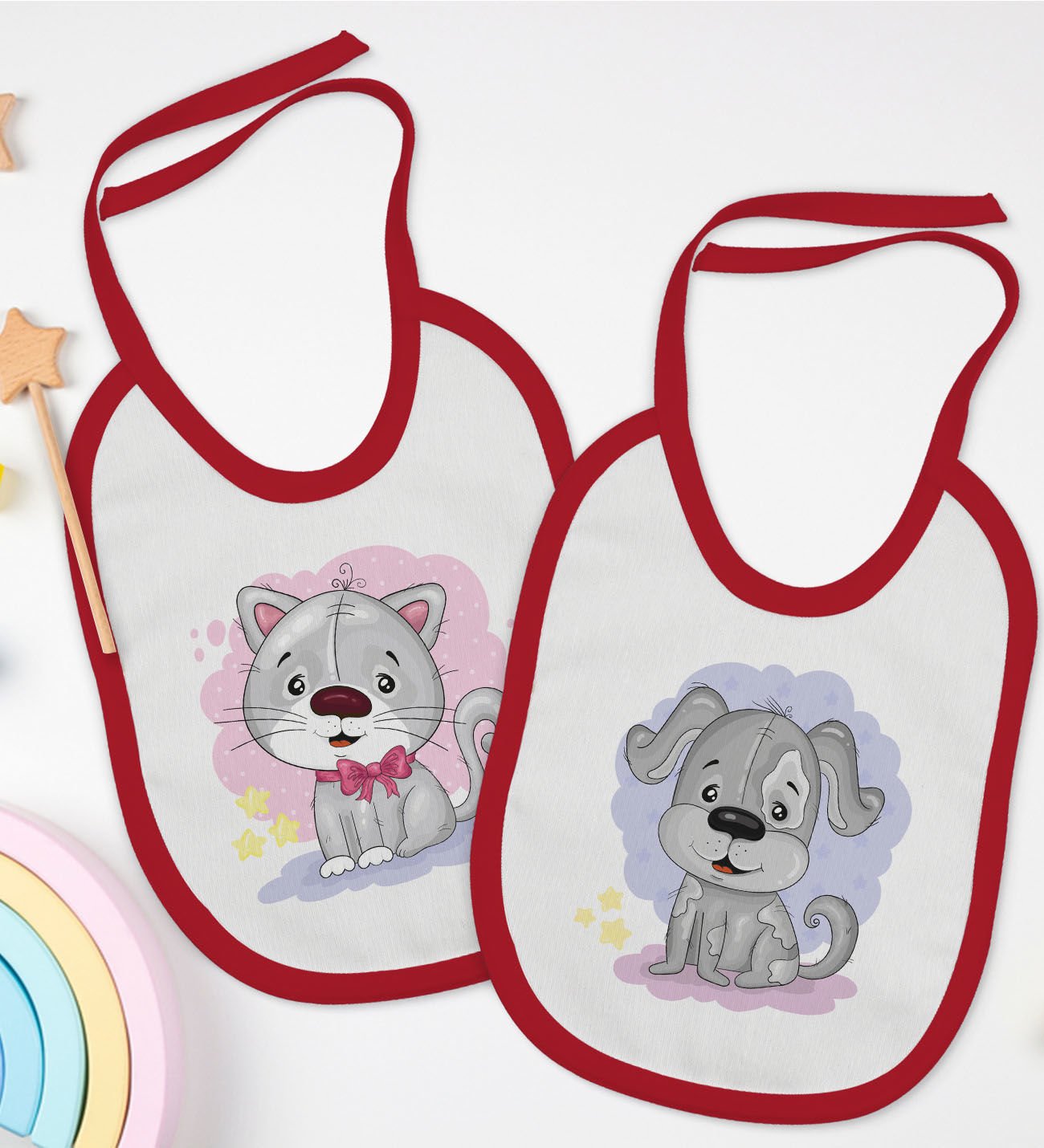 BK Kids Sevimli Kedi ve Köpek Tasarımlı 2’li Kırmızı Mama Önlüğü-1