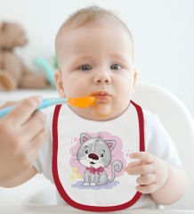 BK Kids Sevimli Kedi ve Köpek Tasarımlı 2’li Kırmızı Mama Önlüğü-1