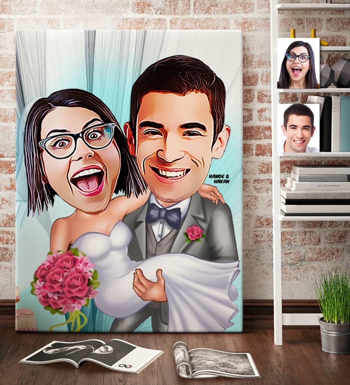 Kişiye Özel Gelin Damat Karikatür Kanvas Tablo (70 x 100 cm.) 7