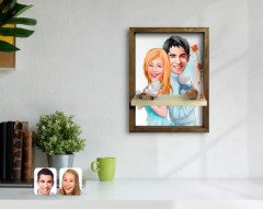 Kişiye Özel Sevgililer Karikatürlü Doğal Masif Ahşap Çerçeveli Tablo Duvar Rafı-87