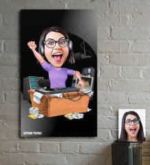 Kişiye Özel Bayan Radyocu Karikatür Ahşap Tablo - 1
