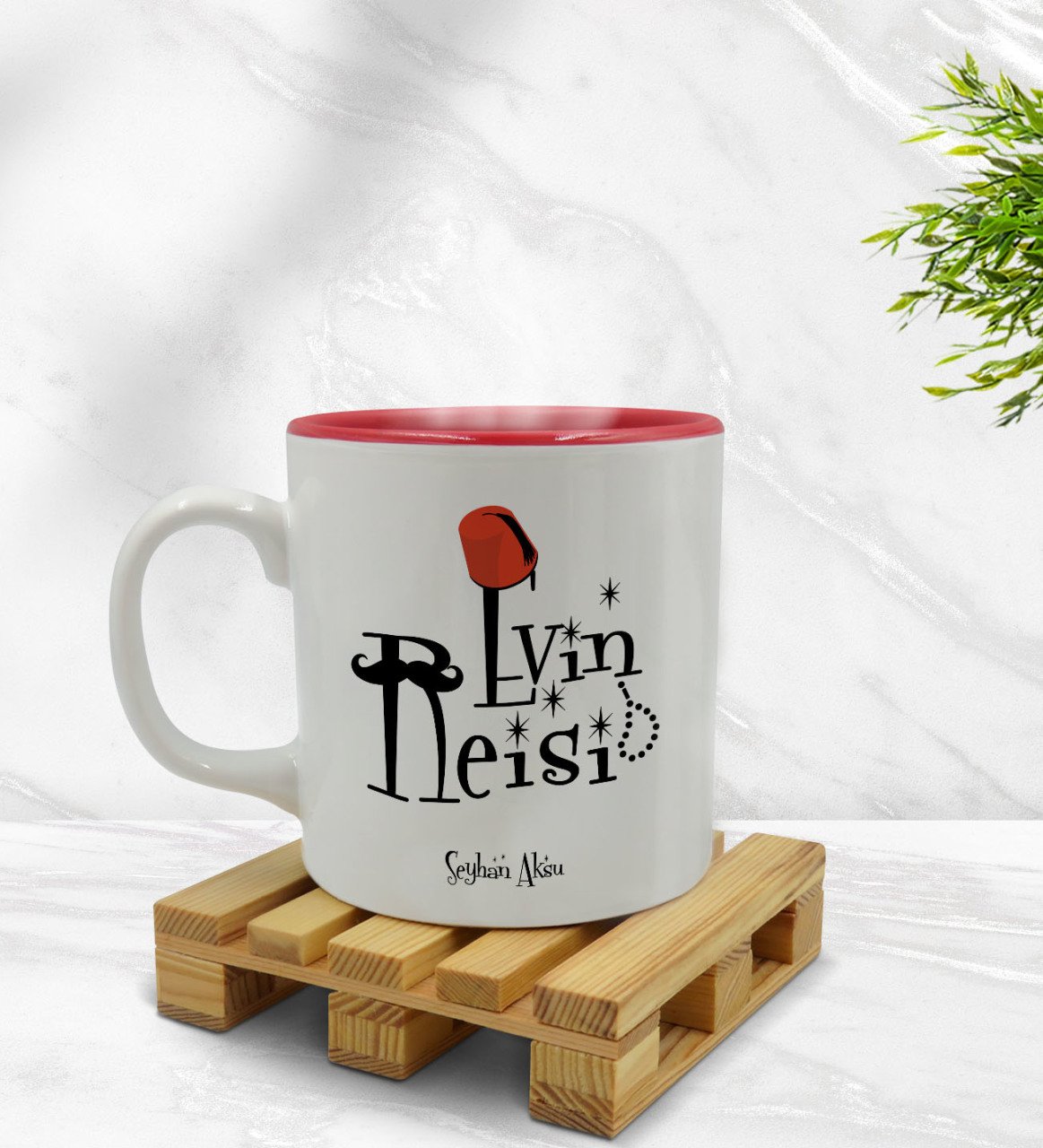 Kişiye Özel Evin Reisi Tasarımlı İçi Kırmızı Renkli Kupa Bardak Model 2