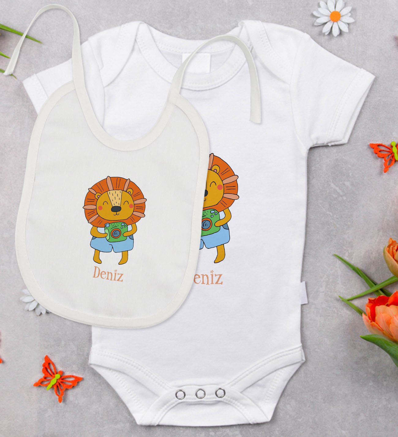 BK Kids Kişiye Özel İsimli Bebek Body Zıbın ve Mama Önlüğü Hediye Seti - Model 23