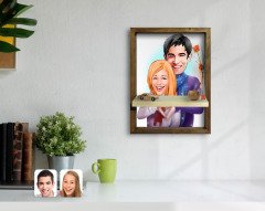 Kişiye Özel Sevgililer Karikatürlü Doğal Masif Ahşap Çerçeveli Tablo Duvar Rafı-89