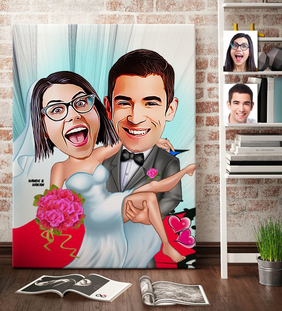 Kişiye Özel Gelin Damat Karikatür Kanvas Tablo (70 x 100 cm.) 9