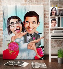 Kişiye Özel Gelin Damat Karikatür Kanvas Tablo (70 x 100 cm.) 9