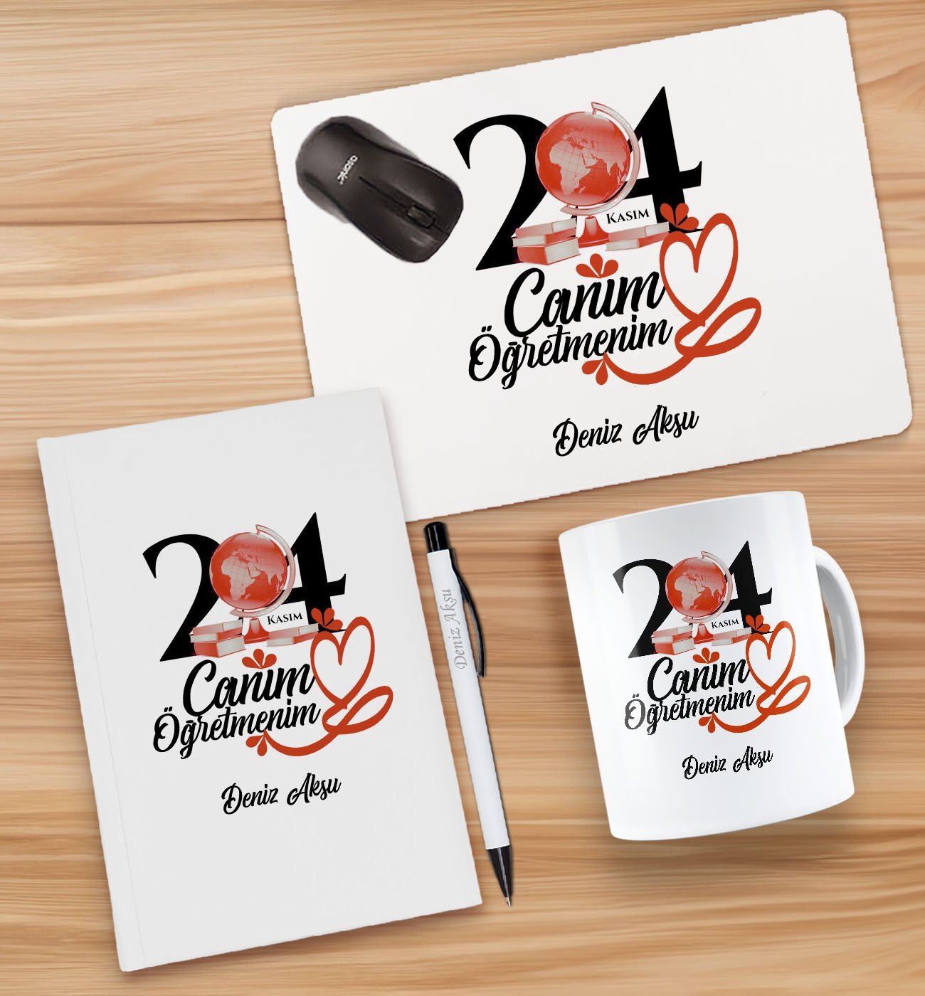BK Gift Kişiye Özel İsimli Öğretmenler Günü Tasarımlı Defter, Tükenmez Kalem, Kupa ve Mousepad Hediye Seti - 5, Öğretmene Hediye, Öğretmenler Günü