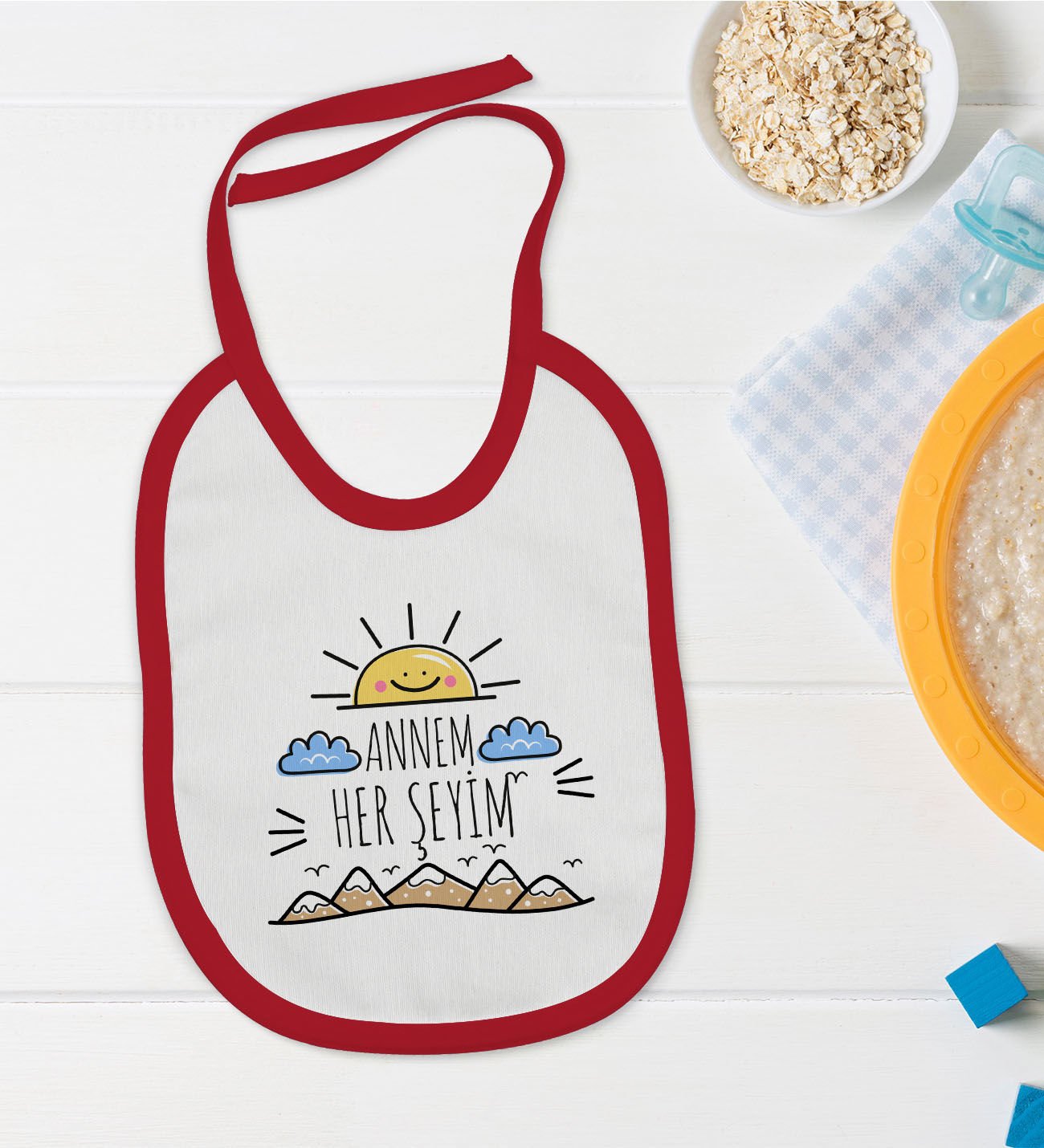 BK Kids Annem Her Şeyim Tasarımlı Kırmızı Bebek Mama Önlüğü-1