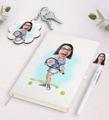 Kişiye Özel Kadın Tenis Oyuncusu Karikatürlü Beyaz Defter Kalem ve Anahtarlık Hediye Seti