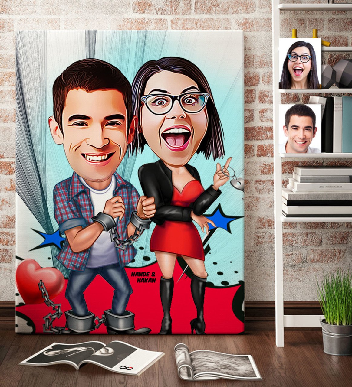Kişiye Özel Sevgililer Karikatür Kanvas Tablo (70 x 100 cm.) 1