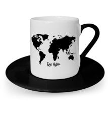 Kişiye Özel World Map Tasarımlı Siyah Türk Kahvesi Fincanı - 1