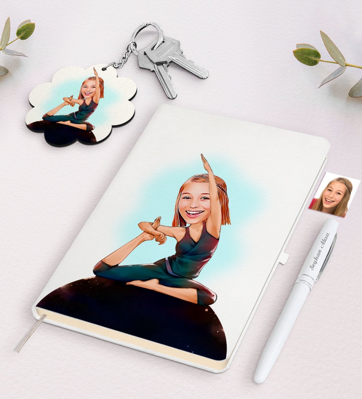 Kişiye Özel Kadın Yogacı Karikatürlü Beyaz Defter Kalem ve Anahtarlık Hediye Seti-2