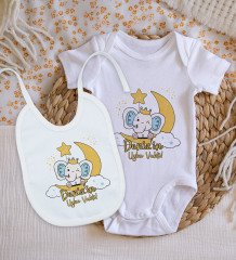 BK Kids Kişiye Özel Uyku Vakti Tasarımlı Bebek Body Zıbın ve Mama Önlüğü Hediye Seti - Model 1