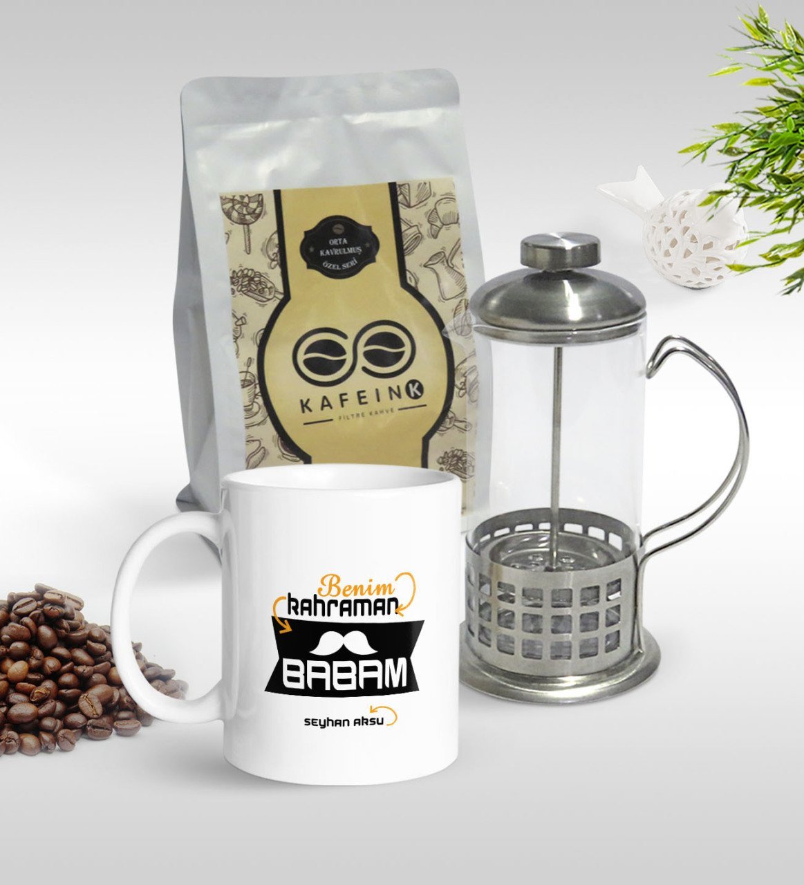 Kişiye Özel Benim Kahraman Babam Tasarımlı Kupa & French Press & 250gr Filtre Kahve Hediye Seti-1
