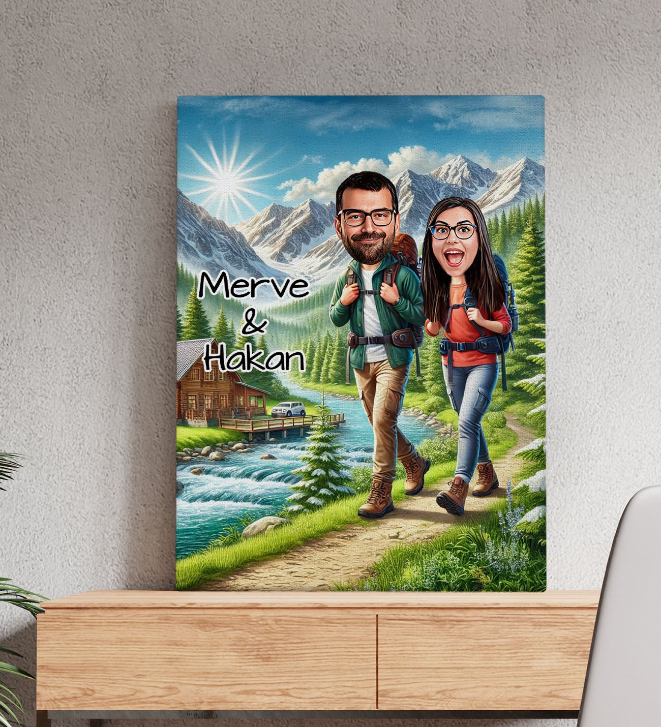 BK Gift Kişiye Özel Doğa Yürüyüşü Karikatürlü Kanvas Tablo-1 (50x70), Sevgiliye Hediye, Sevgililer Günü Hediyesi