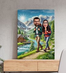 BK Gift Kişiye Özel Doğa Yürüyüşü Karikatürlü Kanvas Tablo-1 (50x70), Sevgiliye Hediye, Sevgililer Günü Hediyesi