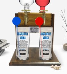 Kişiye Özel Renkli Baskılı Absolutely Vodka Tasarımlı İkili Vodka Bardağı ve Çift Musluklu Doğal Ahşap Vodka Standı-1