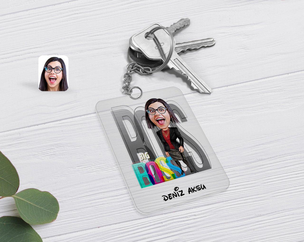 Kişiye Özel Kadın Big Boss Karikatürlü Şeffaf Pleksi Anahtarlık-1