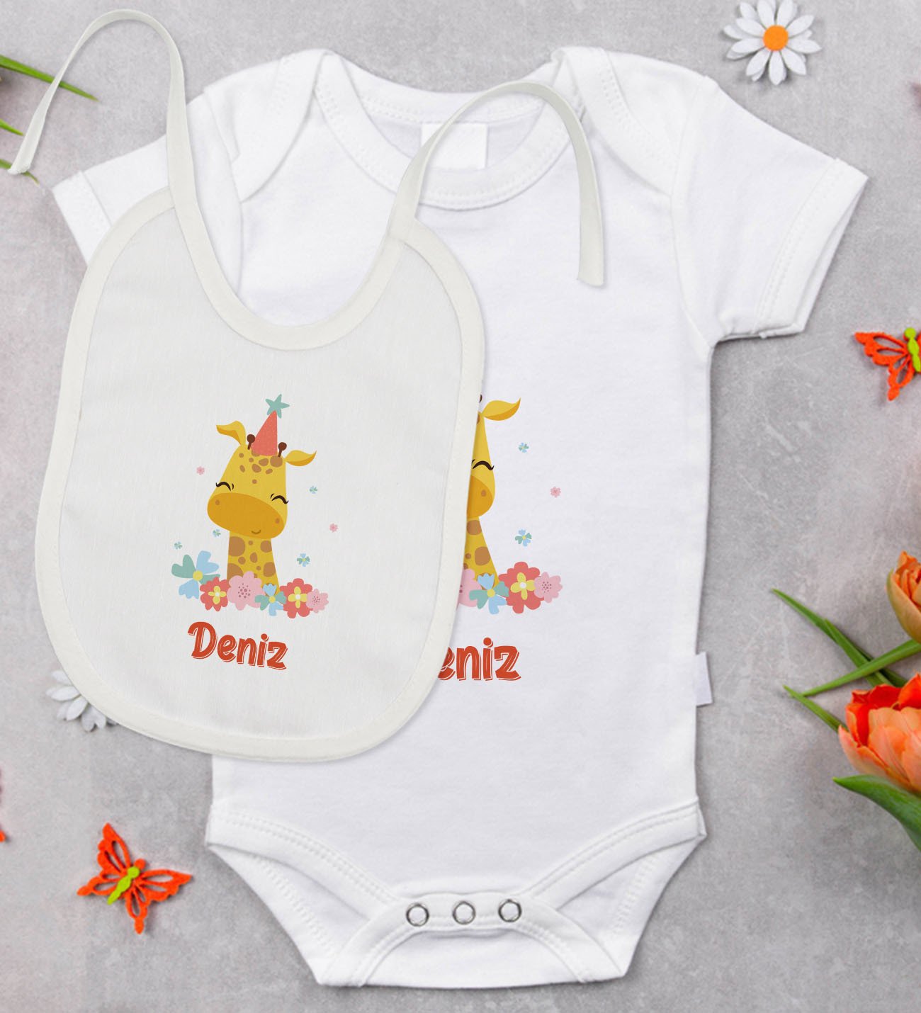 BK Kids Kişiye Özel İsimli Bebek Body Zıbın ve Mama Önlüğü Hediye Seti - Model 24