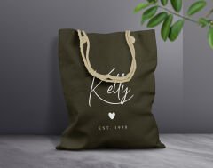 BK Gift Kişiye Özel İsimli Tarihli Haki Halat Saplı Kumaş Bez Çanta-1, Baskılı Omuz Çantası, Alışveriş Çantası, Arkadaşa Hediye