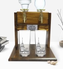 Kişiye Özel Renkli Baskılı Kız Kulesi Tasarımlı İkili Rakı Bardağı ve Çift Musluklu Doğal Ahşap Rakı Standı-1