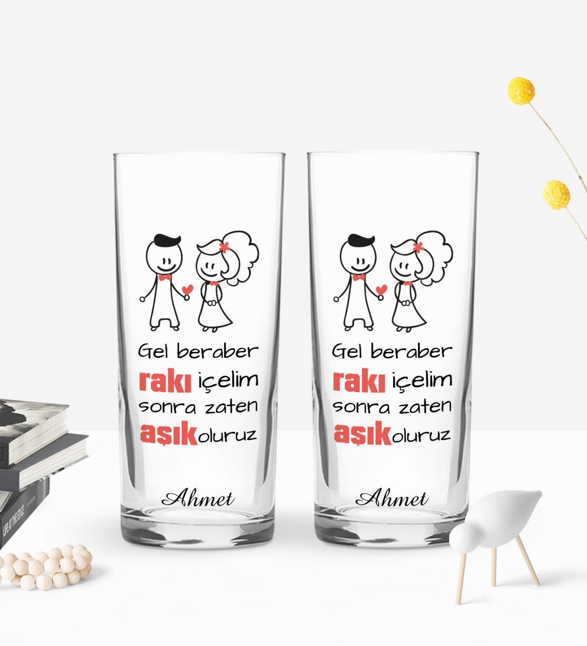 Kişiye Özel Renkli Baskılı Gel Beraber Rakı İçelim Tasarımlı İkili Rakı Bardağı Seti-1