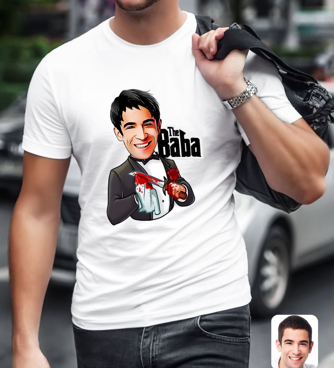 Kişiye Özel Godfather Baba Karikatürlü Beyaz T-Shirt-5