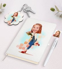 Kişiye Özel Kadın Karikatürlü Beyaz Defter Kalem ve Anahtarlık Hediye Seti-13