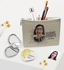 Kişiye Özel Canım Annem Karikatürlü Keten Makyaj Çantası ve Kalp Ayna Seti