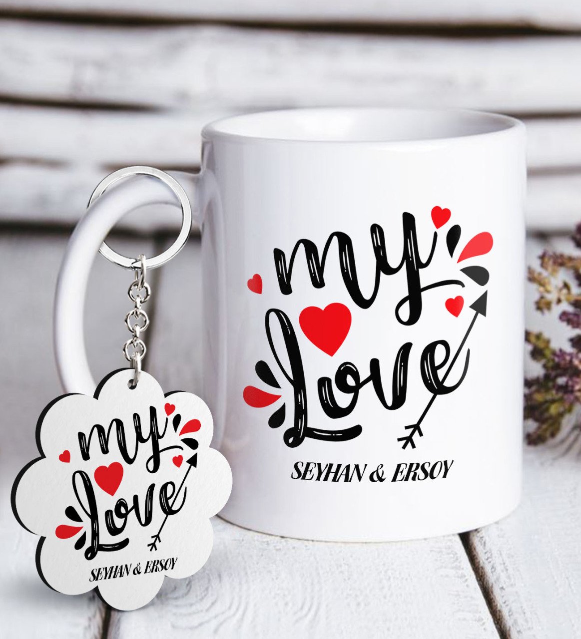 Kişiye Özel Sevgililer Günü Beyaz Kupa ve Anahtarlık Hediye Seti-75