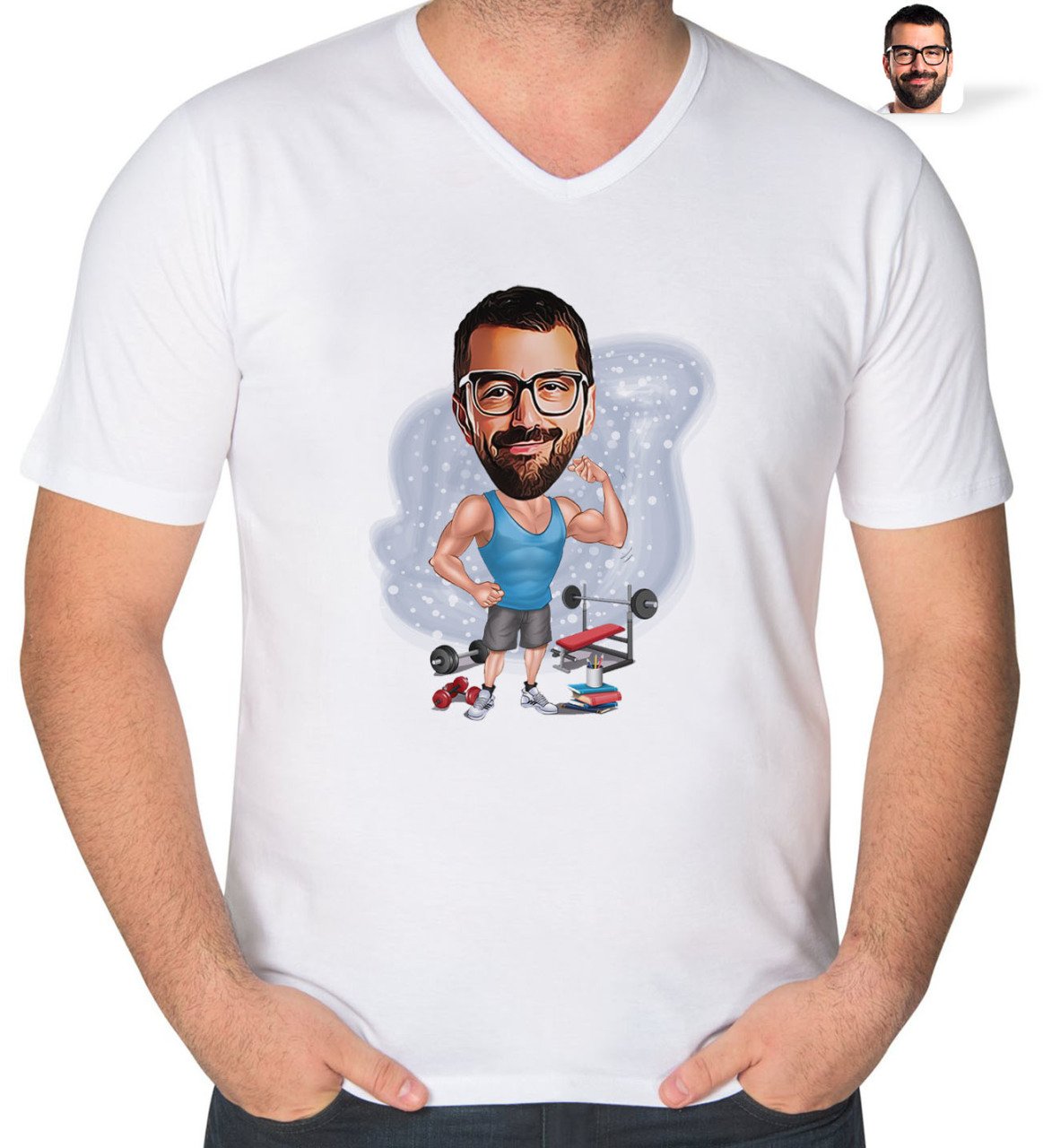 Kişiye Özel Sporcu Karikatürlü V Yaka Tişört-1