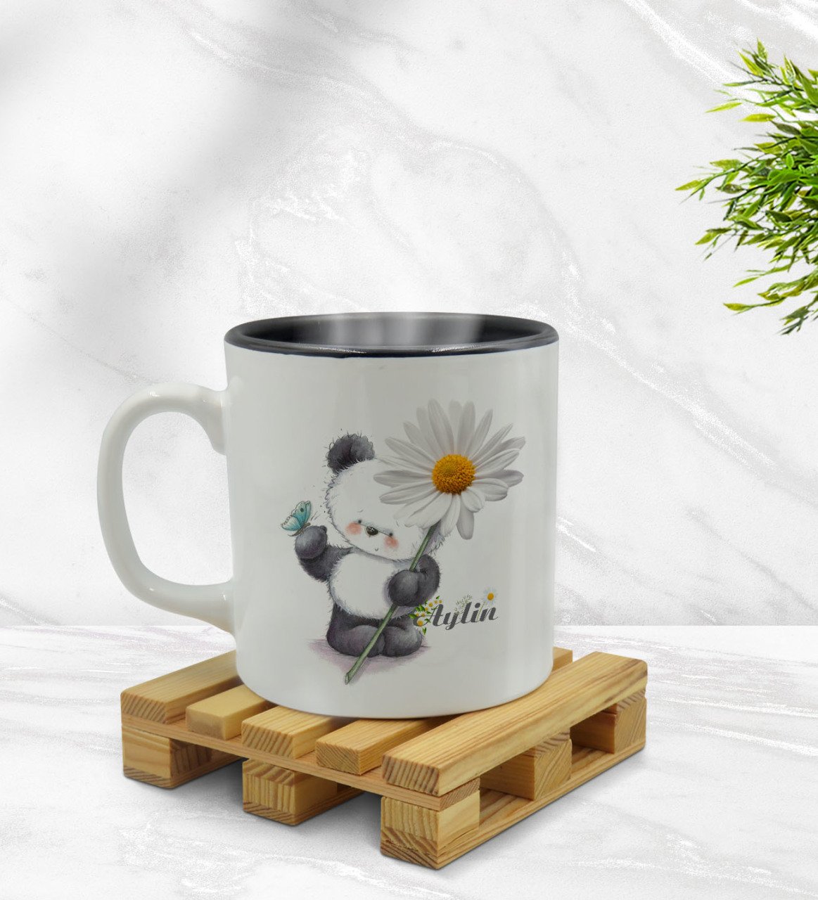 Kişiye Özel Papatya Temalı İçi Siyah Renkli Kupa Bardak Model 9