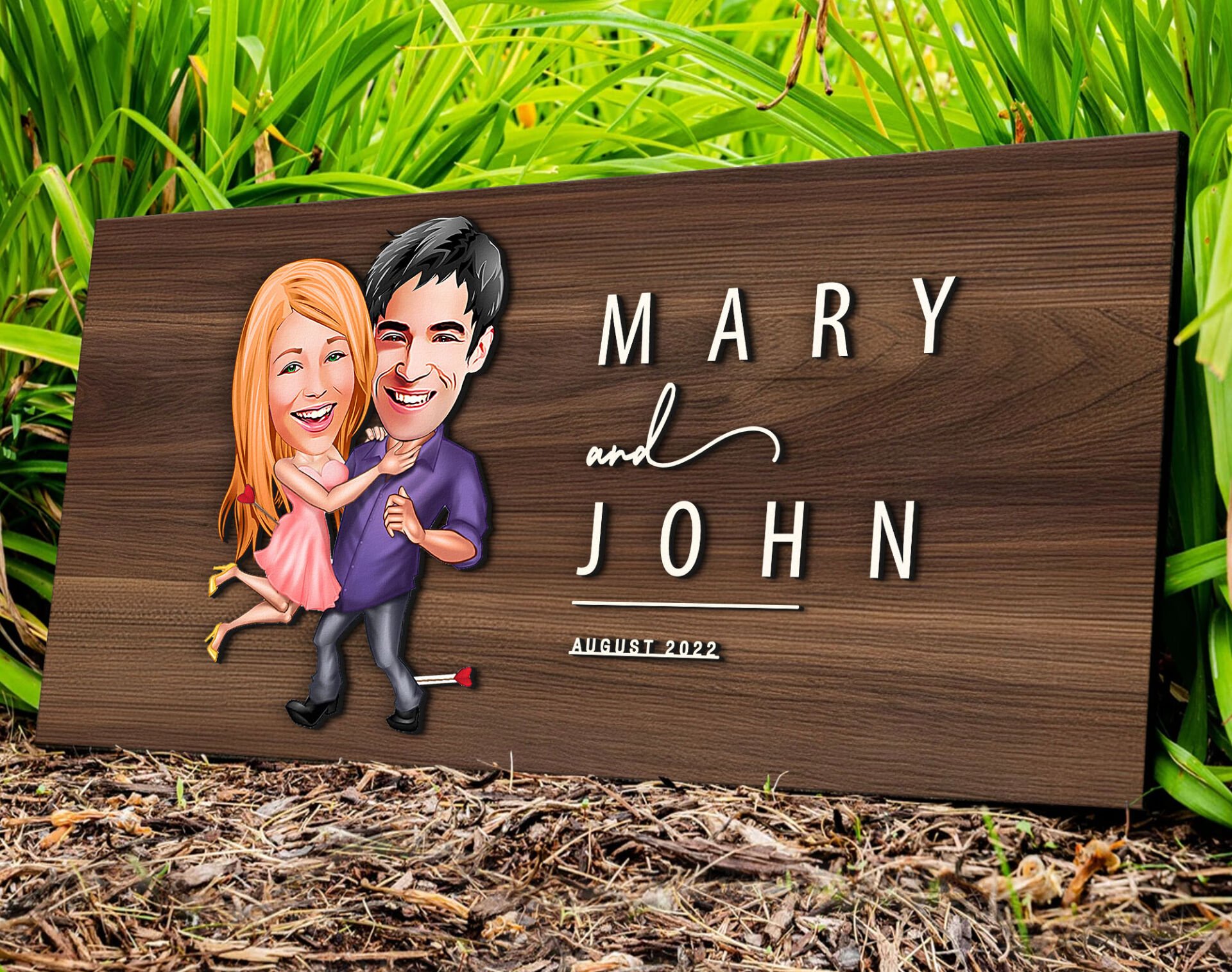 BK Gift Kişiye Özel Sevgililer Karikatürlü Kabartma Tasarım Antik Ceviz Ahşap Tabela-3, Dekoratif Tabela, Rustik Ev Dekorasyonu