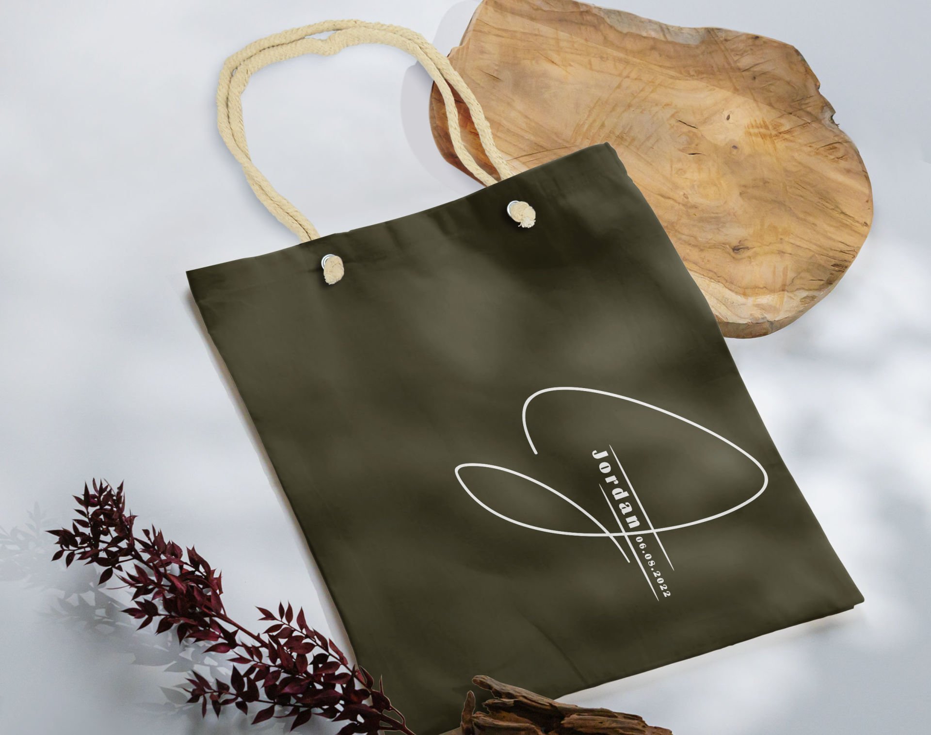 BK Gift Kişiye Özel İsimli Tarihli Haki Halat Saplı Kumaş Bez Çanta-4, Baskılı Omuz Çantası, Alışveriş Çantası, Arkadaşa Hediye