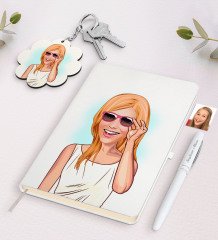 Kişiye Özel Kadın Karikatürlü Beyaz Defter Kalem ve Anahtarlık Hediye Seti-18