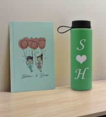 BK Gift Sevgiliye Özel İsimli Su Yeşili Defter ve Yeşil Cam Matara Hediye Seti-2, Sevgiliye Hediye, Sevgililer Günü, Yeni İş Hediyesi