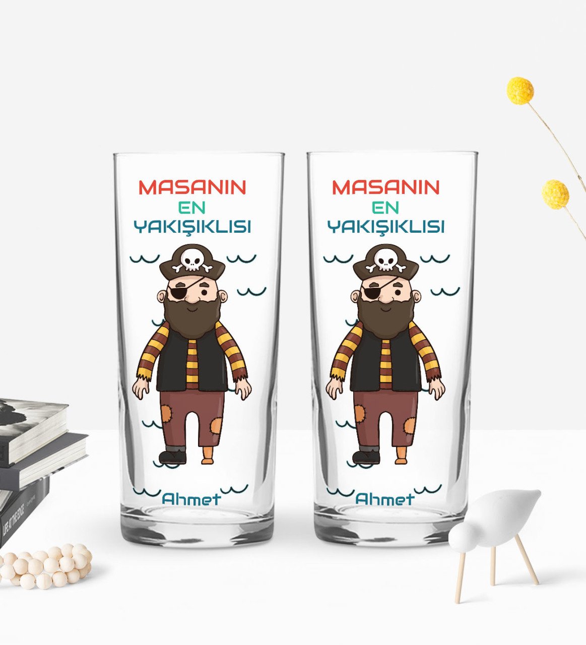 Kişiye Özel Renkli Baskılı Masanın En Güzel Yakışıklısı Tasarımlı İkili Rakı Bardağı Seti-1