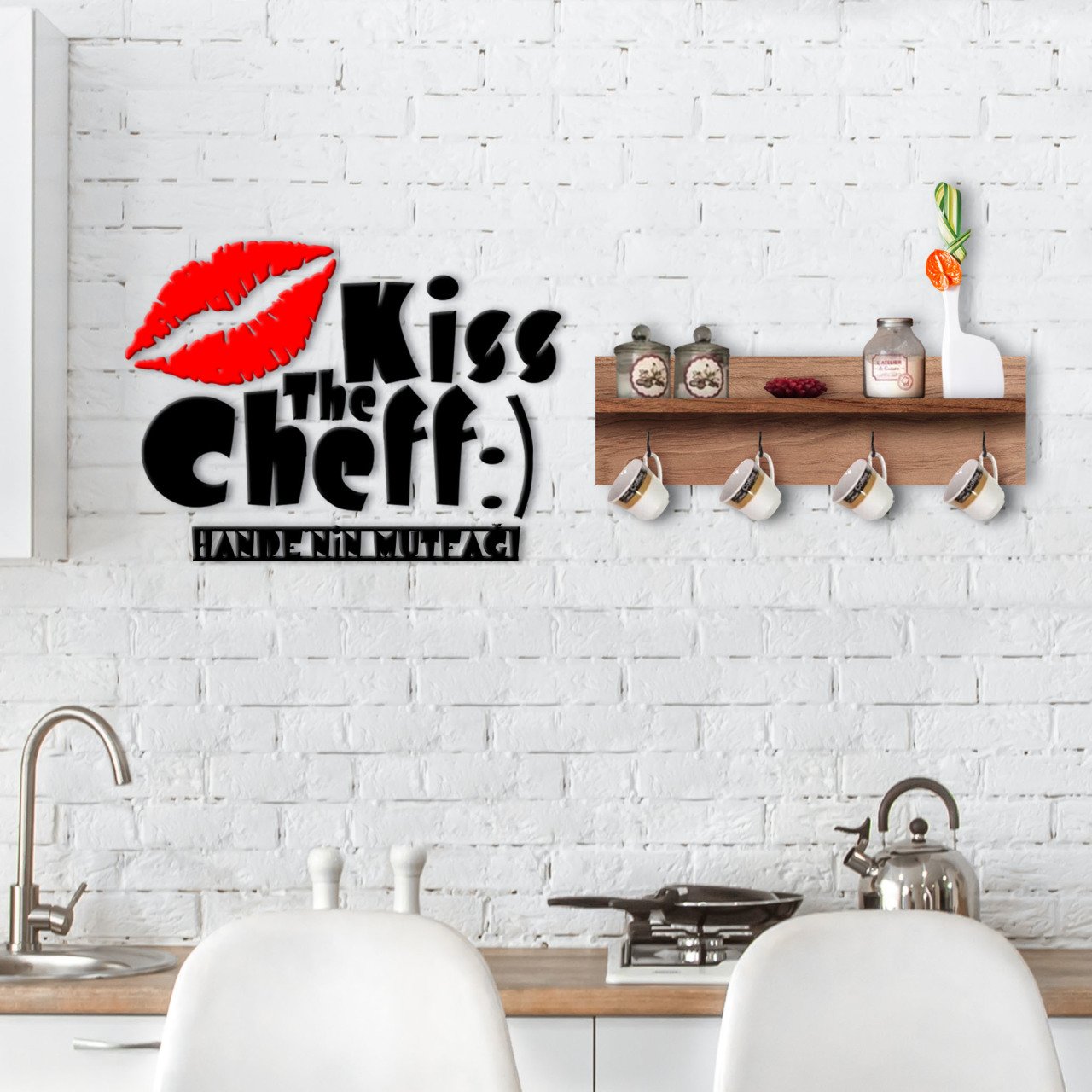 BK Home Doğal Ahşap Raflı Dekoratif Fincan Askılığı ve İsme Özel Mutfak Duvar Süsü-2