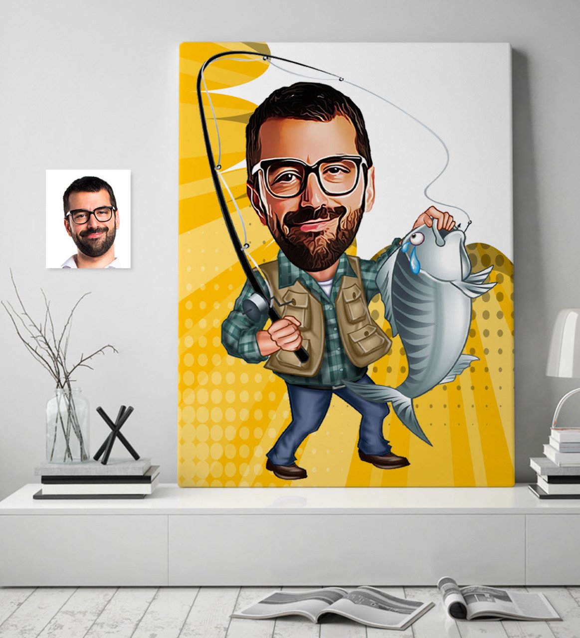 Kişiye Özel Bay Balıkçı Karikatür Kanvas Tablo (70 x 100 cm.) 1