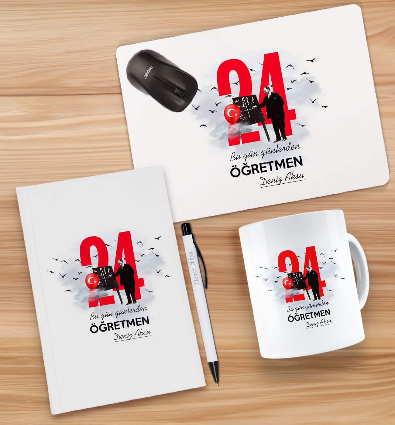 BK Gift Kişiye Özel İsimli Öğretmenler Günü Tasarımlı Defter, Tükenmez Kalem, Kupa ve Mousepad Hediye Seti - 15, Öğretmene Hediye, Öğretmenler Günü