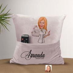 BK Gift Kişiye Özel Chef Karikatür Tasarımlı Organizer Kumanda ve Atıştırmalık Cepli Pembe Kırlent Yastık-5 Arkadaşa Hediye, Cepli Yastık