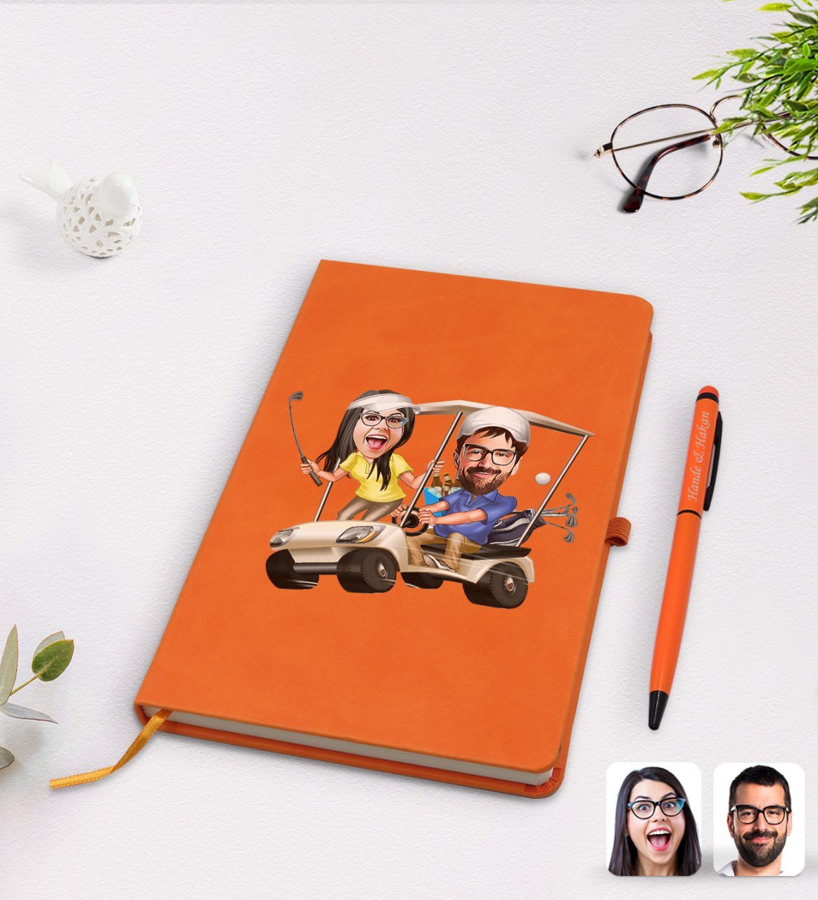 Kişiye Özel Sevgililer Karikatürlü Turuncu Termo Deri Defter Kalem Seti Model 96