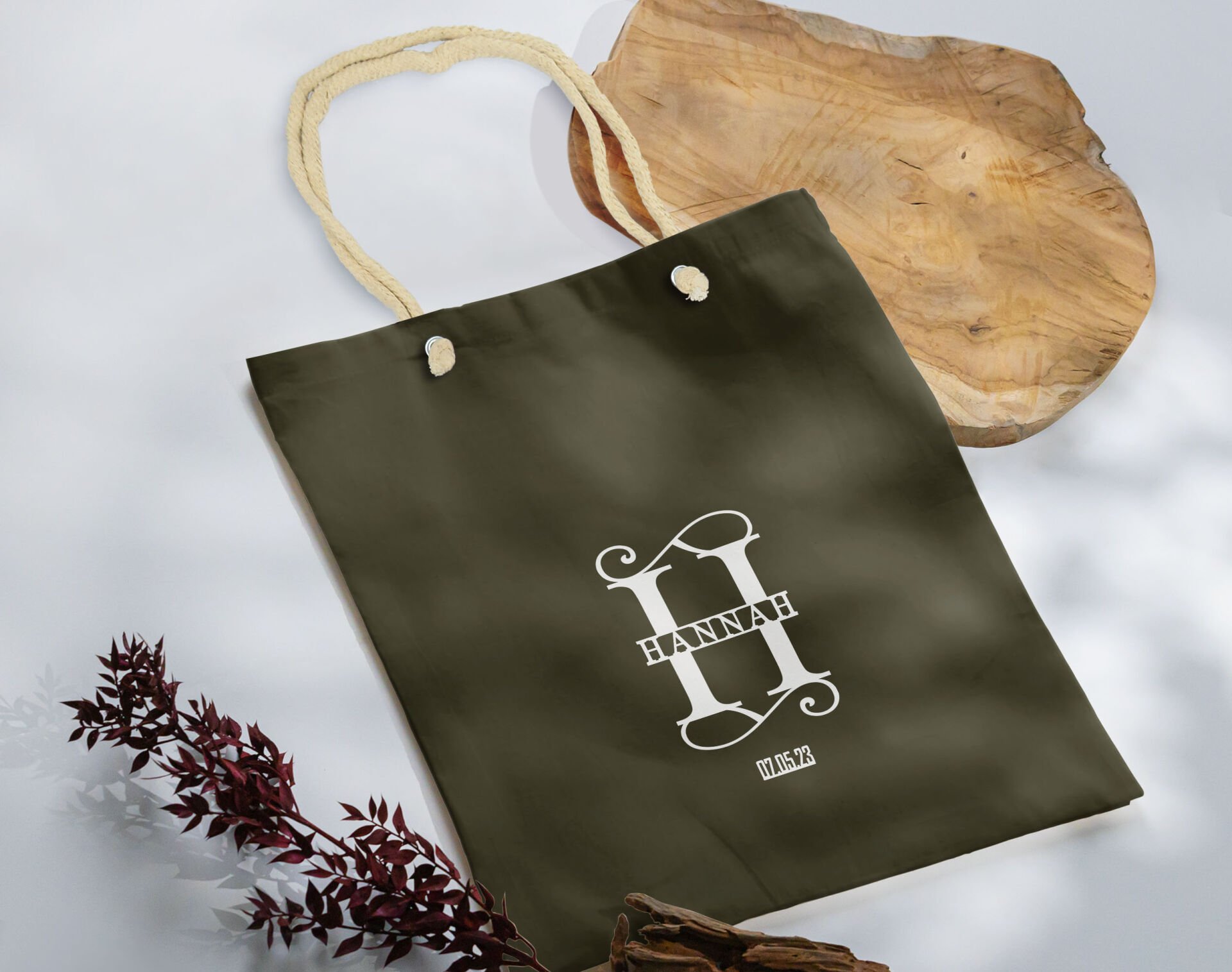 BK Gift Kişiye Özel İsimli Tarihli Haki Halat Saplı Kumaş Bez Çanta-6, Baskılı Omuz Çantası, Alışveriş Çantası, Arkadaşa Hediye