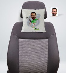 Kişiye Özel Yeşil Beyaz Futbolcu Karikatürlü Kare Araç Koltuk Yastığı-1