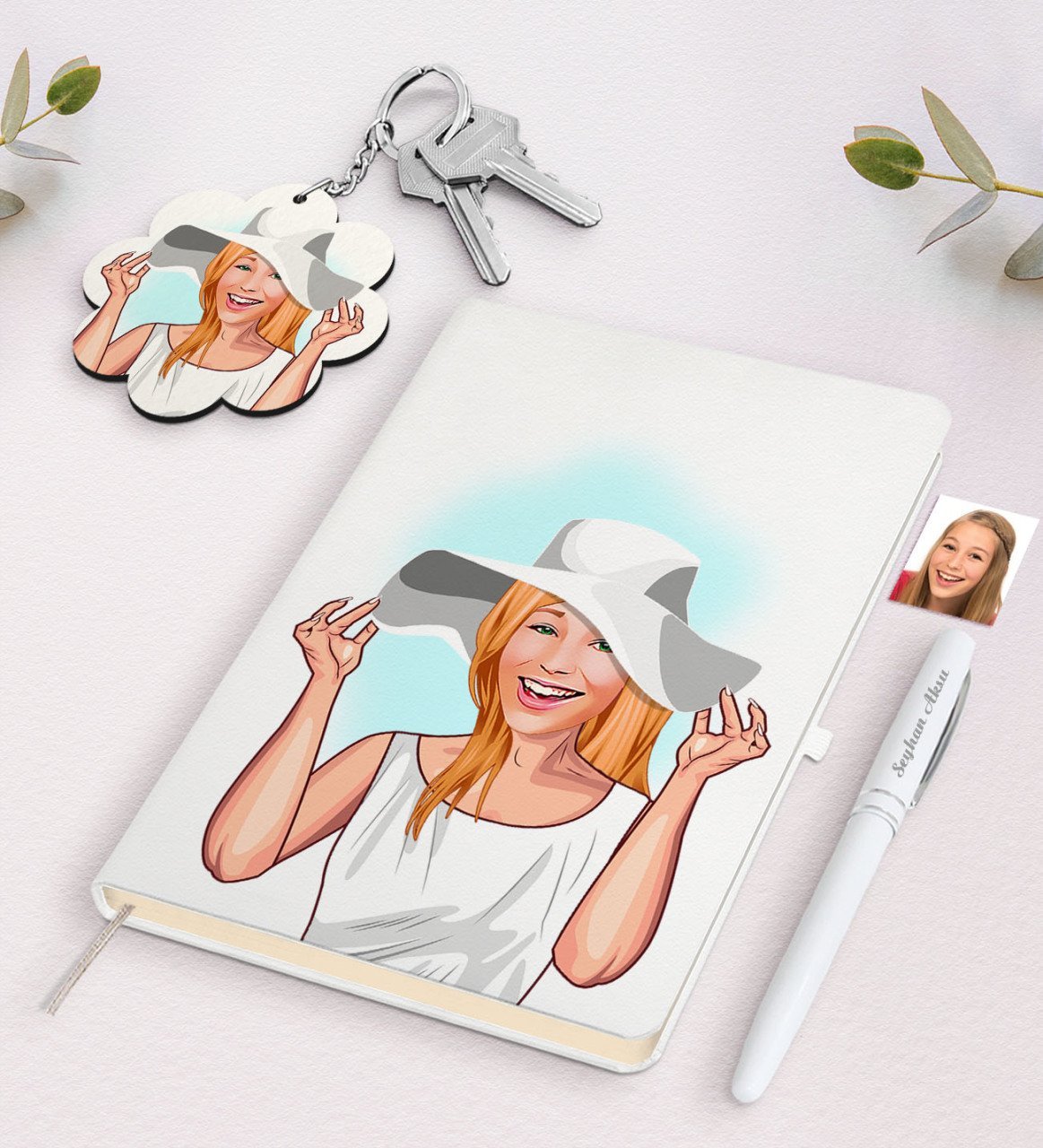 Kişiye Özel Kadın Karikatürlü Beyaz Defter Kalem ve Anahtarlık Hediye Seti-20